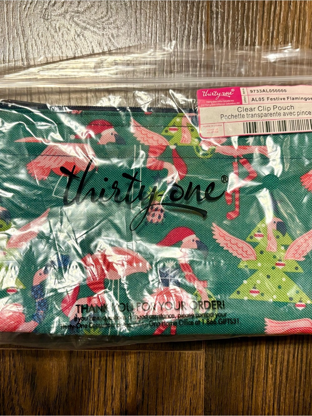thirty-one Clear Clip Pouch with Teal and Pink Flamingo Print